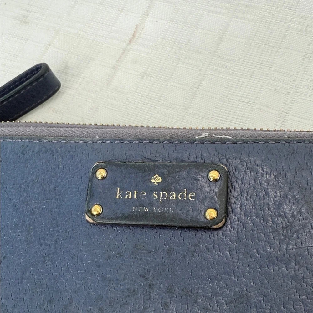 Kate Spade NY Anita Slate Blue Leather Double Zip Coin Card Bill Wristlet Clutch